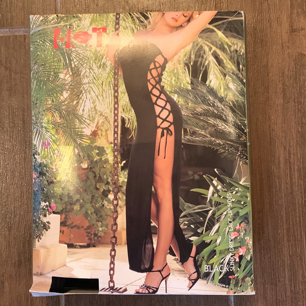 Ultra Sexy full-length black slinky One Size dress with lace-up sides. Like New!